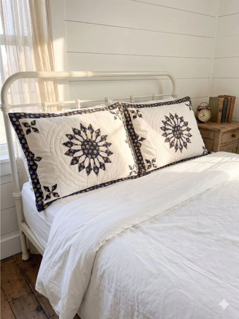 Vintage 1990s Cottagecore Quilted Pillow Shams Set Sunflower Floral Blue Cotton